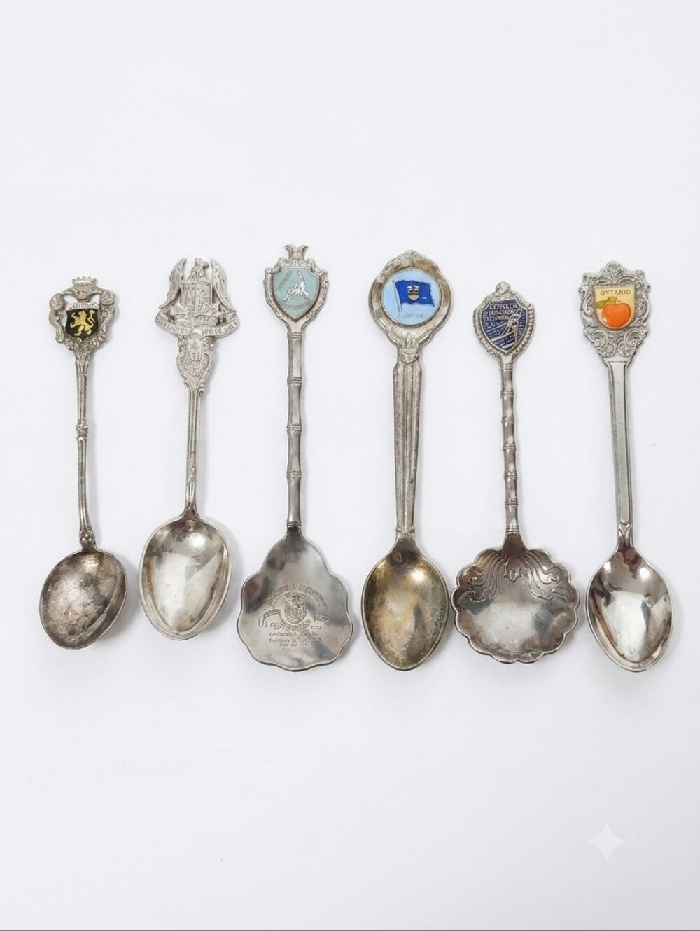 Vintage Silver Tone Collectible Souvenir Spoon Set with Multi-Color Shields